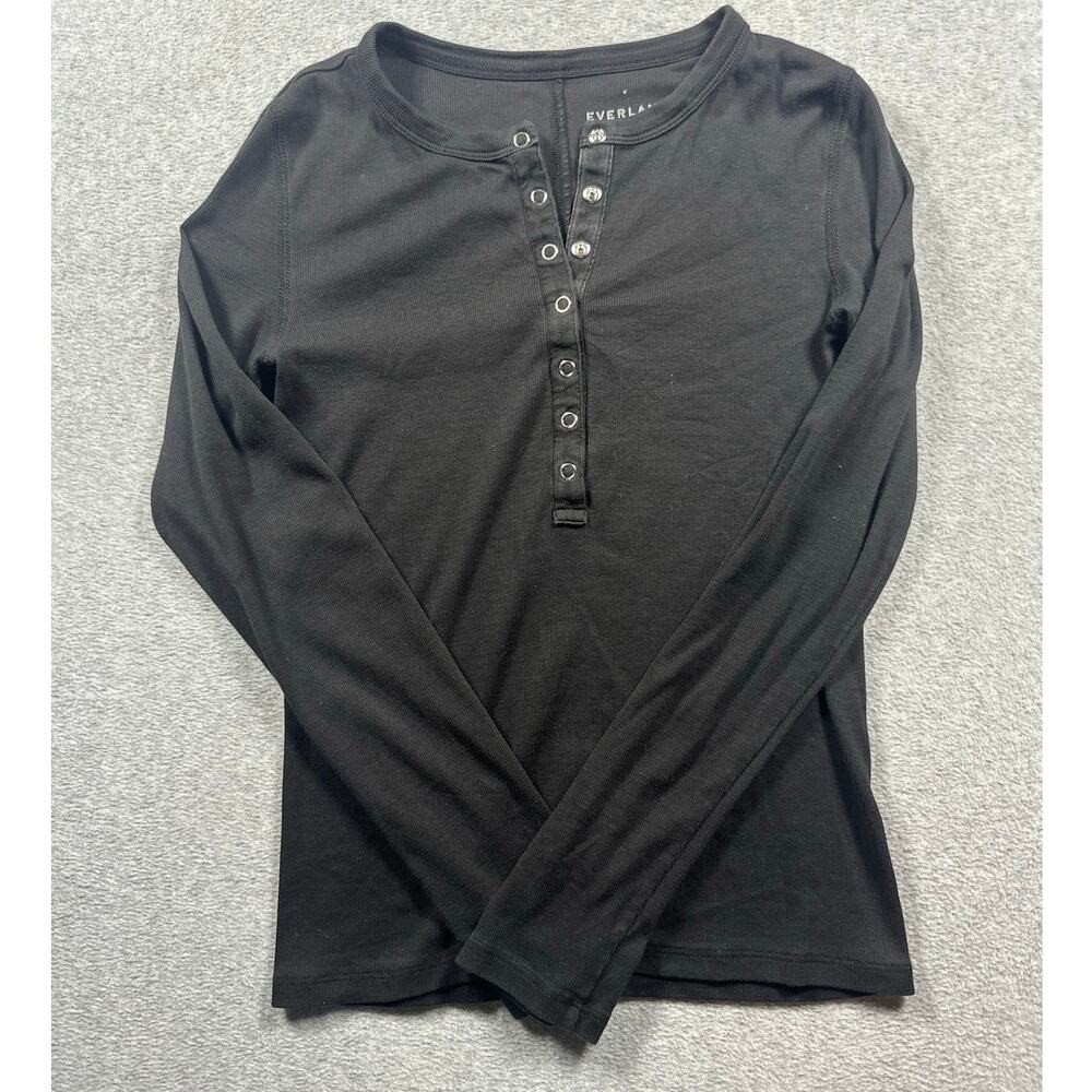 Everlane Luxe Ribbed Henley Top Women's Small Black Long Sleeve Snap Front